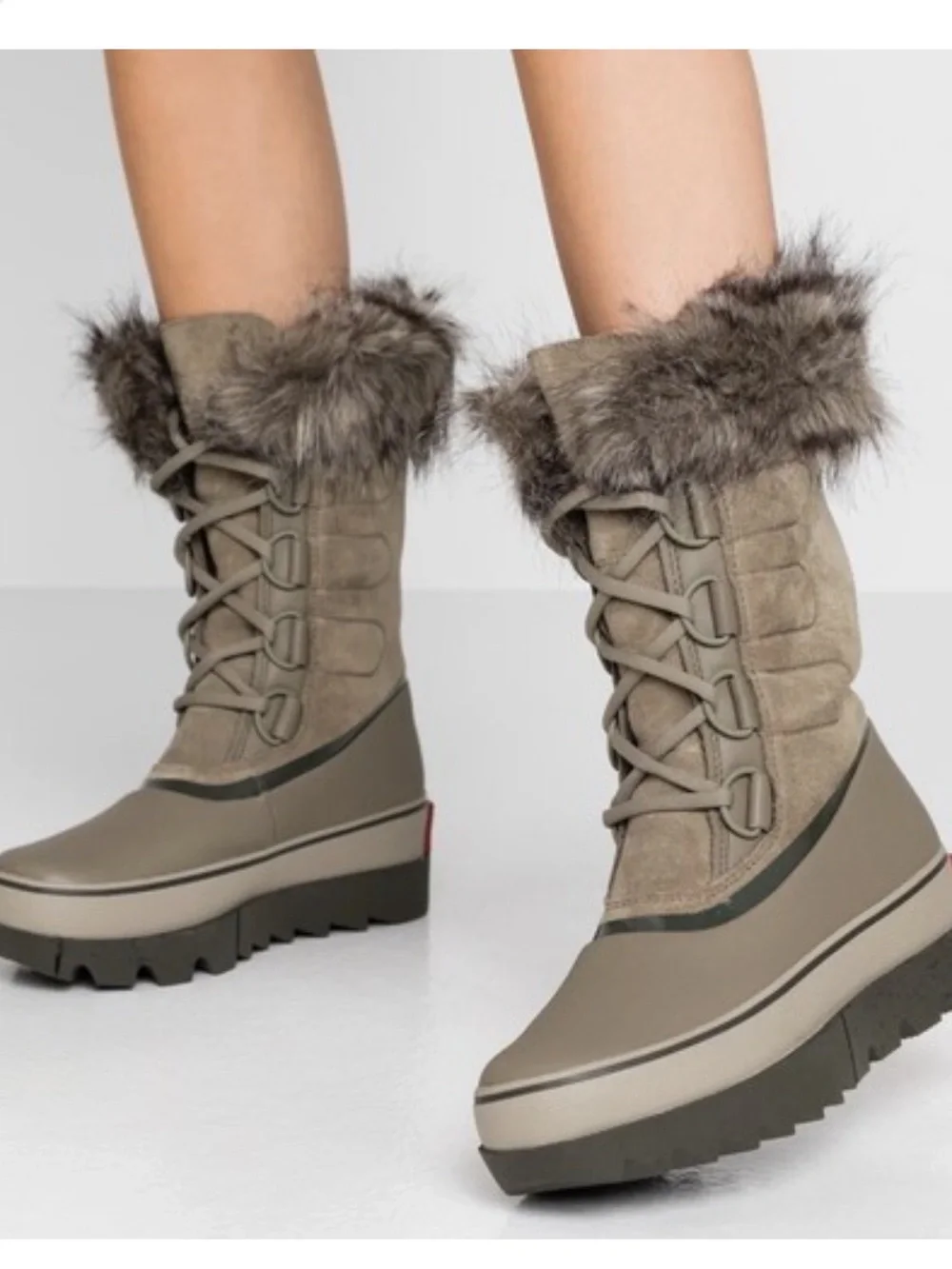 Sorel Joan of arctic Next Women size 8 sage  and Brown Faux-Fur Winter Boots